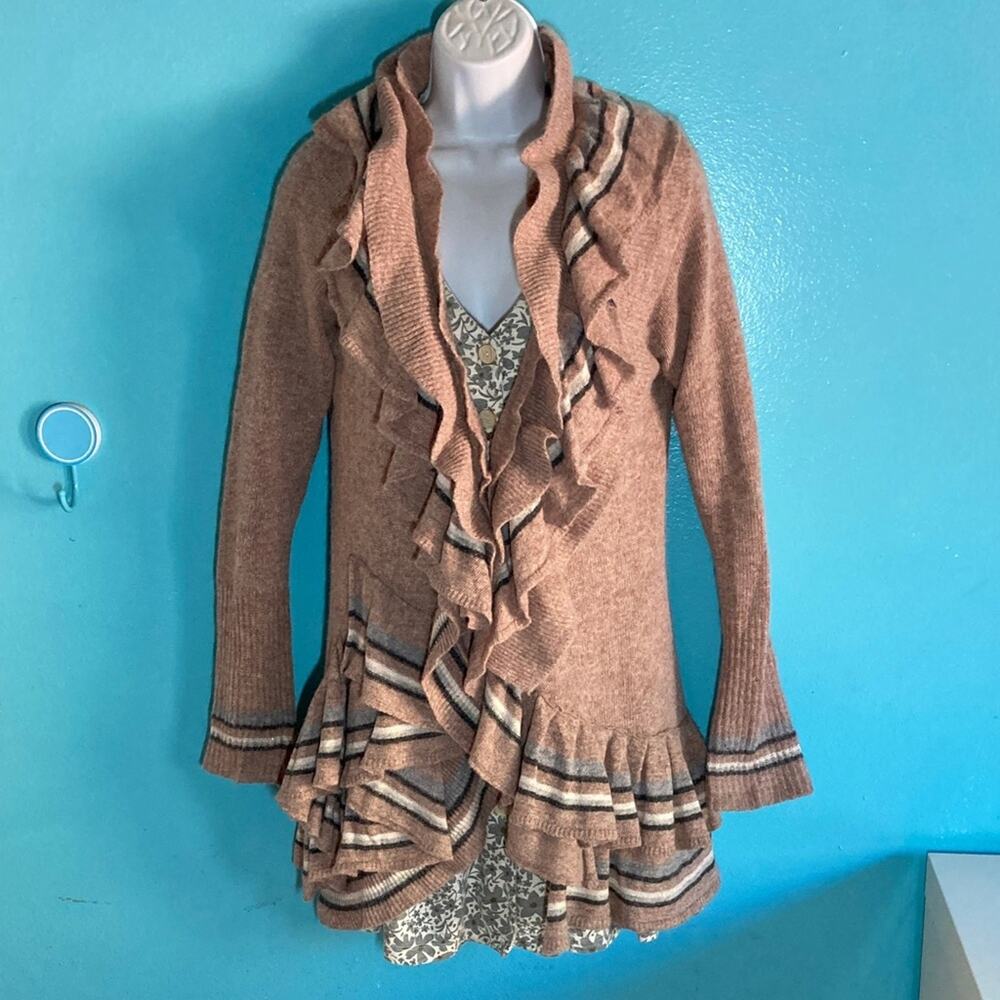 Anthropologie Sparrow Cardigan Womens M Wool Angora Knit Brown Ruffle Waterfall